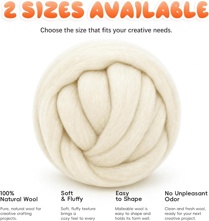 3.53oz Wool Roving: Needle Felting Wool White Roving Wool Felting Supplies Pure - Image 9