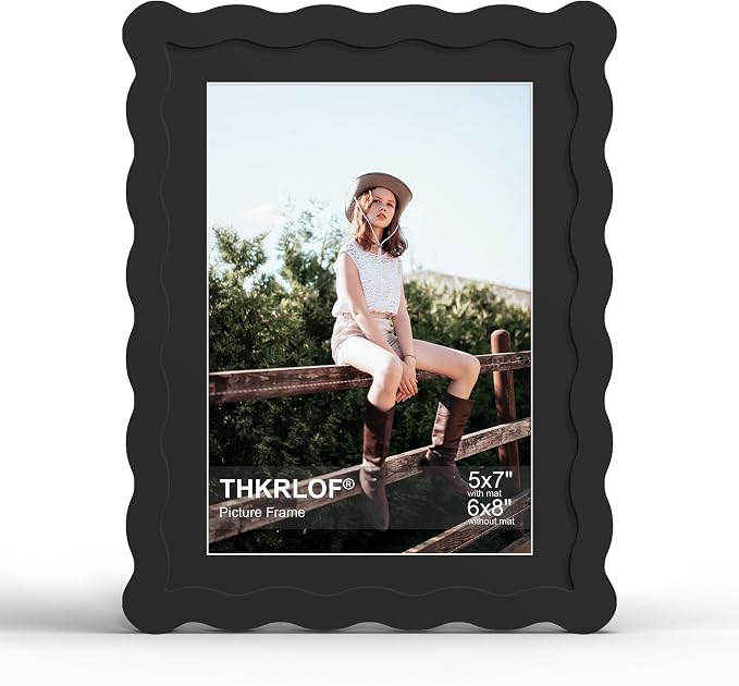 6x8 Picture Frame with Mat for 5x7, Wavy Edge Wooden Real Glass Photo Frame for by THKRLOF