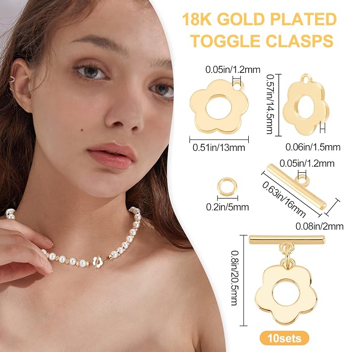 Beebeecraft 10 Sets 18K Gold Plated Toggle Jewelry Clasps Connectors Flower - Image 2