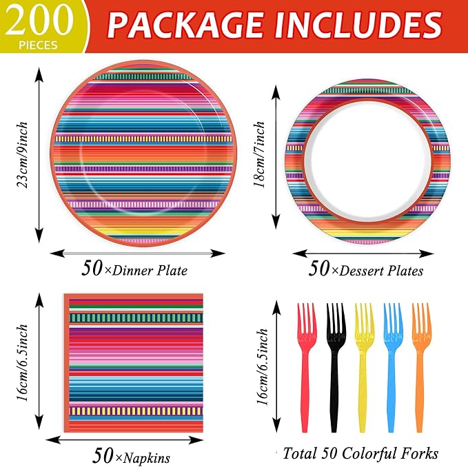 200PCS Mexican Paper Plates and Napkins Fiesta Taco Themed Party Supplies Mayo - Image 2
