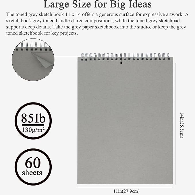 Fuxi Toned Gray Sketchbook 11x14, Large Drawing Pad, 60 Sheets Spiral Bound - Image 2