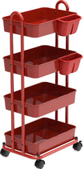 Simple Houseware 4-Tier Multifunctional Rolling Utility Cart with Hanging Buckets, Red
