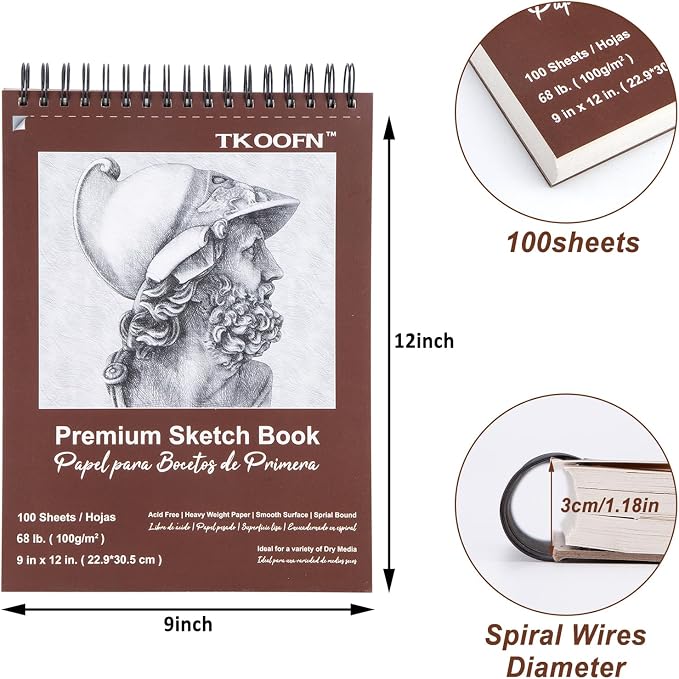 TKOOFN 5 Pack 9" x 12" Sketch Book Bulk, Top Spiral Bound Premium Sketchbook - Image 2