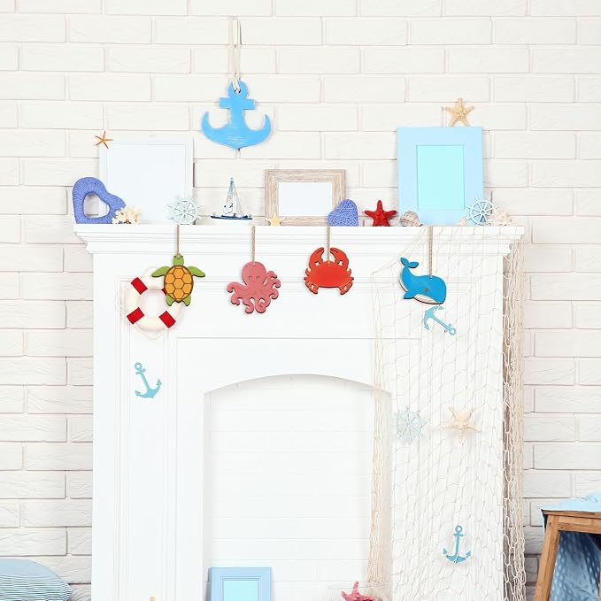 80PCS Wooden Sea Ornaments to Paint, 10 Styles DIY Blank Unfinished Wood Ocean - Image 5