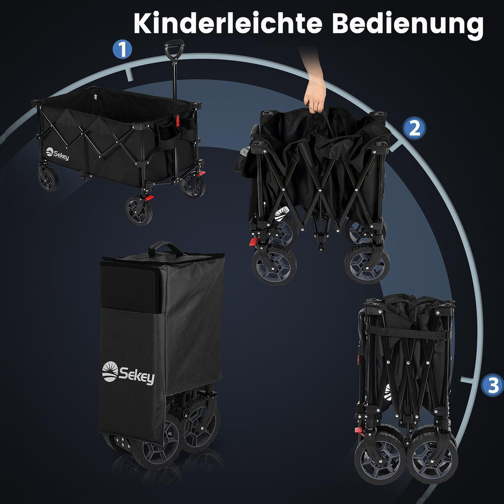 Sekey 220L Collapsible Foldable Wagon with 330lbs Weight Capacity, Heavy Duty Folding Wagon Cart with Big All-Terrain Wheels & Drink Holders (Black)