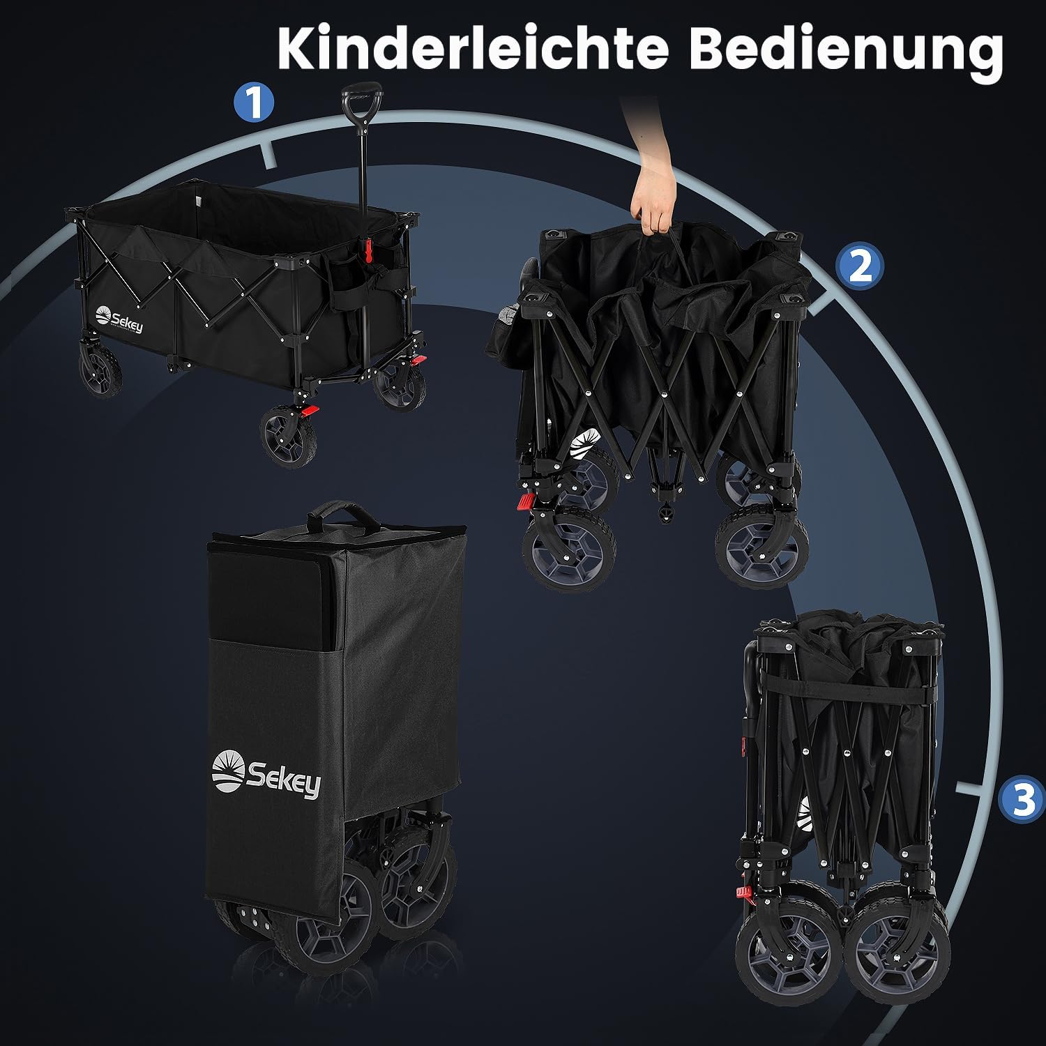 Sekey 220L Collapsible Foldable Wagon with 330lbs Weight Capacity, Heavy Duty Folding Wagon Cart with Big All-Terrain Wheels & Drink Holders (Black)