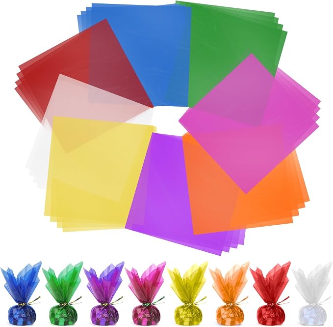 Cellophane Wrap, 8 Multi-Colors Colored Cellophane, 7.5x7.5 Inch Transparent by Diueoly