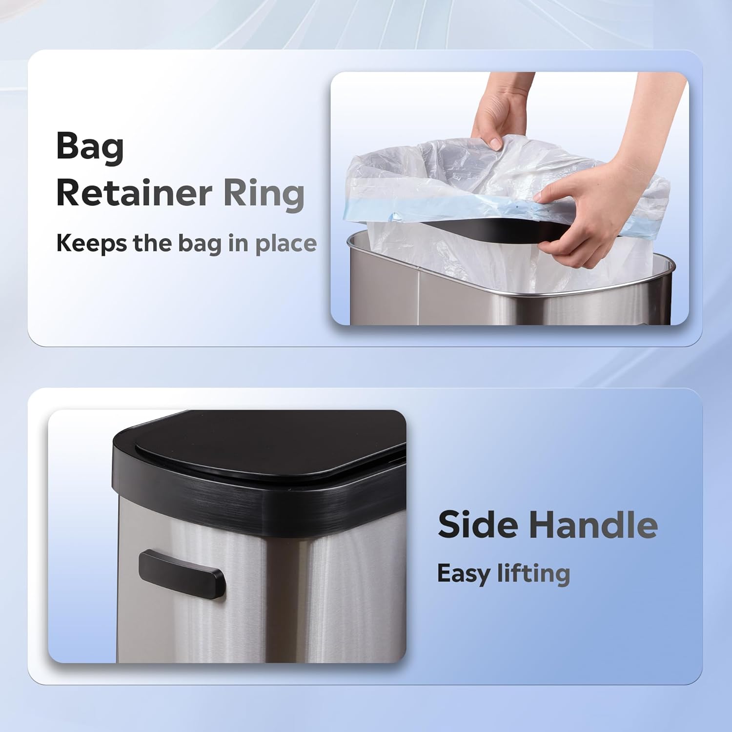 WLIVE 13 Gallon Trash Can, 50 Liter Large Capacity Motion Sensor Automatic Trash Cans Touchless with LED Indicator, Brushed Stainless Steel Finish Garbage Cans for Kitchen, Office, School, Silver