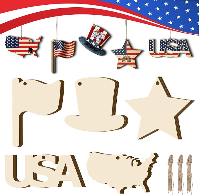 30Pcs Patriotic July of 4th Independence Day Unfinished Wooden Gift Ornaments by Tmflexe