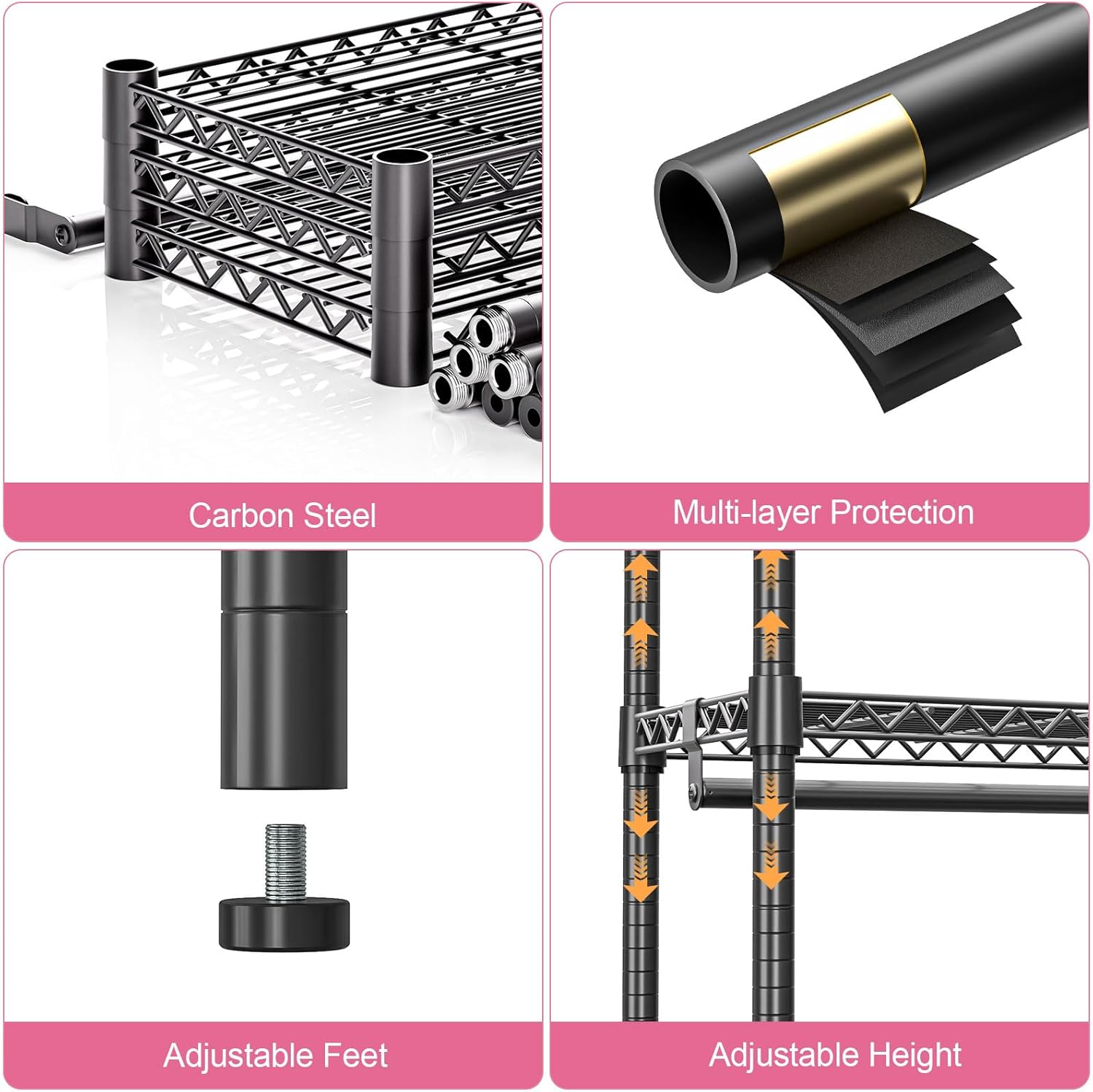 Heavy Duty Rolling Garment Rack 3 Tiers Adjustable Wire Shelving Clothes Rack with 1 Rods and Side Hooks,Storage Closet Clothing Rack with Wheels Black 15.7" D x 45.3" W x 75.6" H