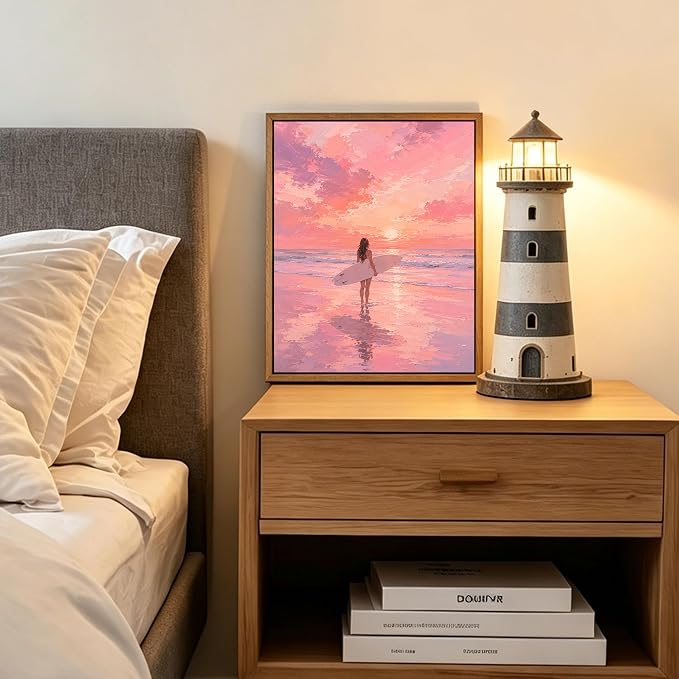 Framed Pink Sunset Surfer Girl Canvas Wall Art Soft Pastel Beach Seascape - Image 8