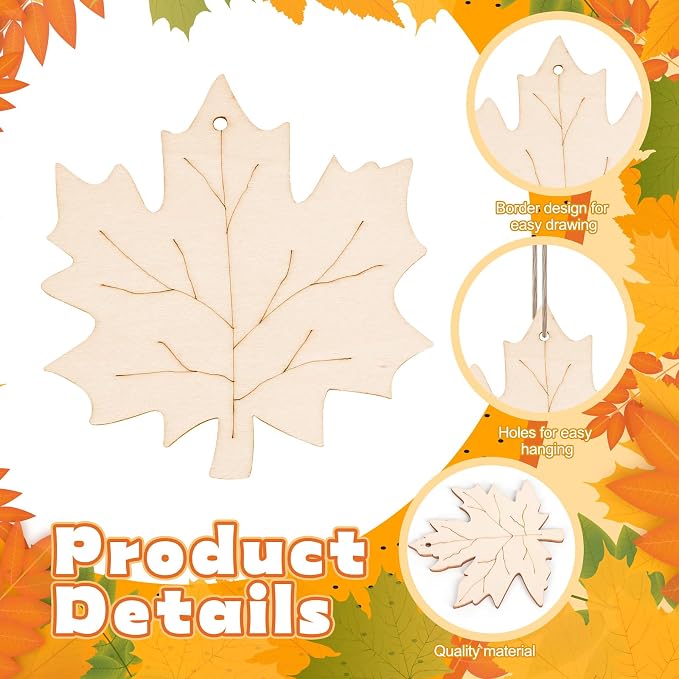 24 PCS Unfinished Wooden Fall Crafts, Maple Leaves Shaped Hanging Ornaments DIY - Image 3