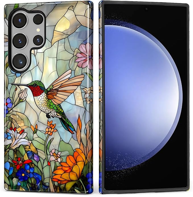 for Samsung Galaxy S23 Ultra Case, Hummingbird Wildflower Stained Glass Pattern by Teonvpu