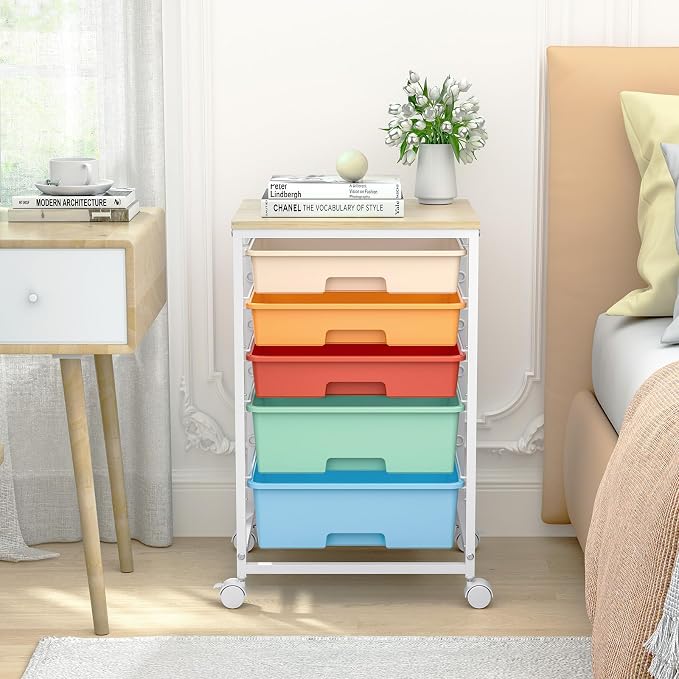 SYKIARIOL Utility Cart with 5 Drawers, Storage Cart with Wooden Tabletop and - Image 2