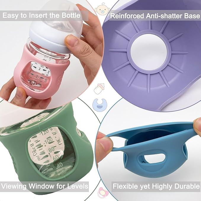 4 Pack Silicone Sleeves for Avent Natural Glass Baby Bottles, Anti Breakage Bottle Holder, Compatible with Philips Avent Glass Natural Baby Bottles (4 Pink, 4 OZ)
