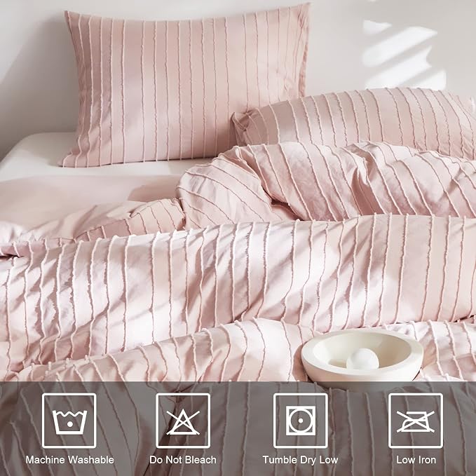 WARMDERN Pink Tufted Duvet Cover Set Queen Size, Striped Textured Duvet Cover - Image 4
