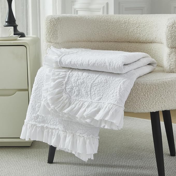 Brandream White Quilt Set Cotton Queen Size Shabby Chic Cottagecore Bedding - Image 5