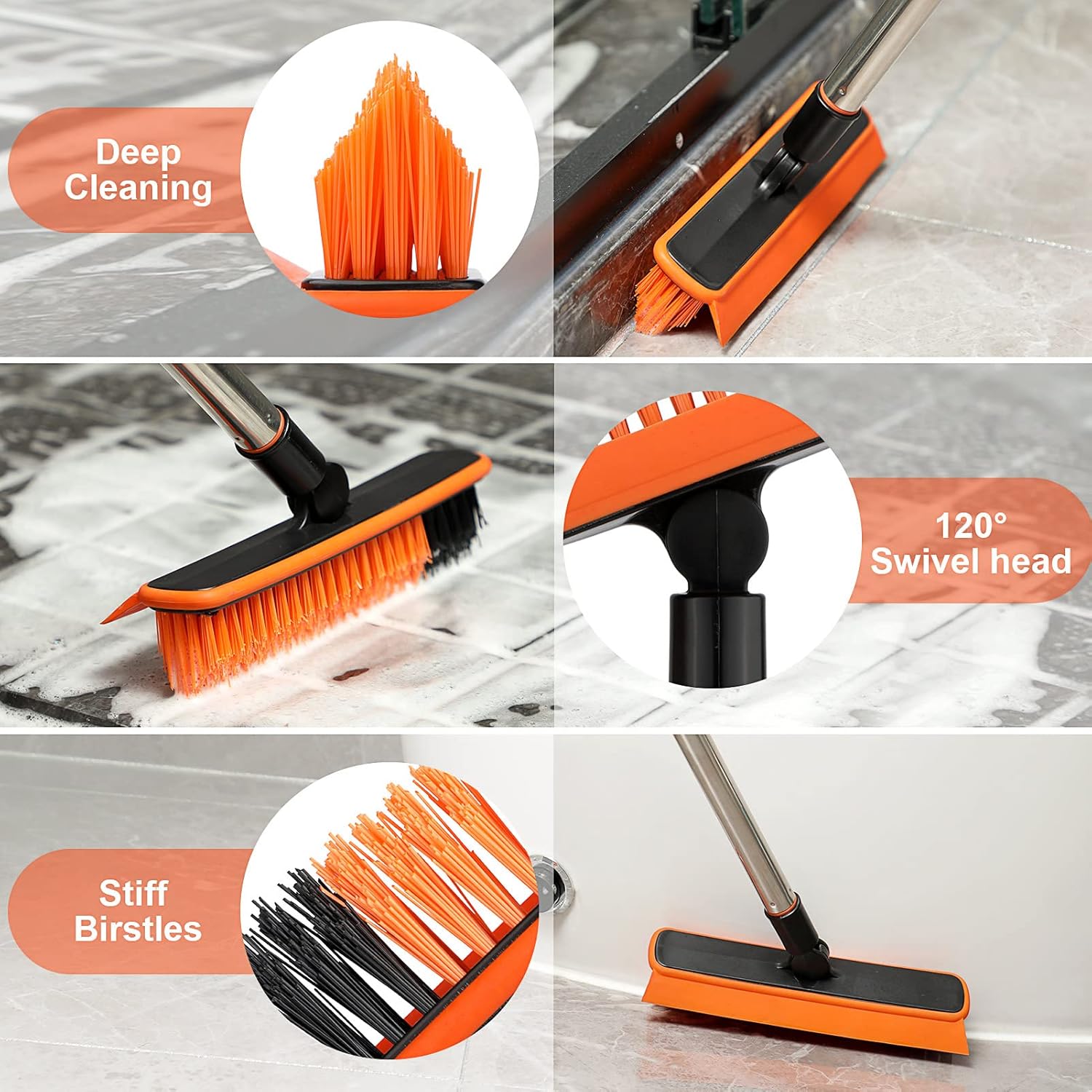 2 in 1 Floor Scrub Brush Grout Brush with 57.8" Long Handle,120°Rotatable Shower Tile Grout Cleaner Scrubber,V-Shaped Corner Brush for Hard to Reach Areas (Orange)