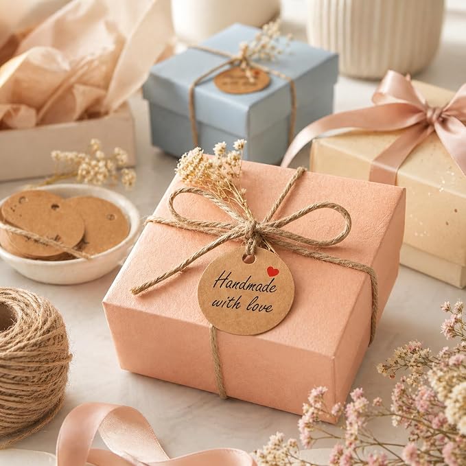 50 Pcs Handmade with Love Tags, Gift Tags with Jute String Small Round Brown - Image 6
