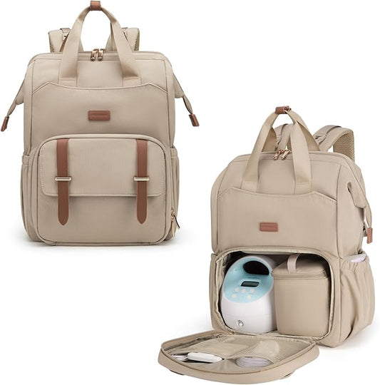 mommore Diaper Bag Backpack, Breast Pump Backpack for Spectra S1,S2 Medela Pumping Backpack for Working Moms with 15.6 inch Laptop Sleeve, Champagne