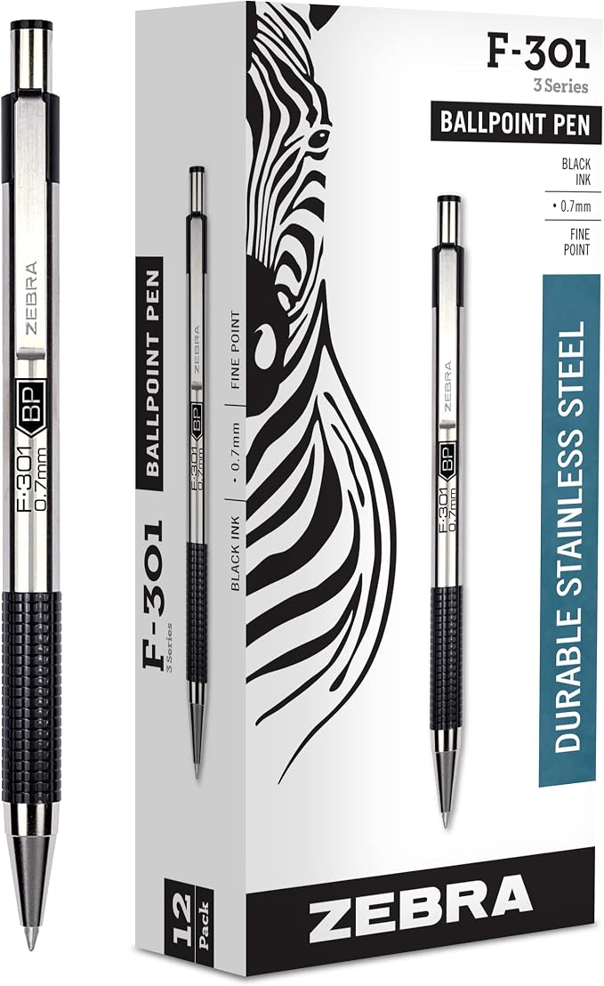 Zebra Pen F-301 Ballpoint Black Ink Fine Point 0.7mm Pen, Easy-Glide Ink by ZebraPen
