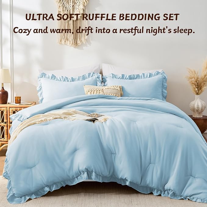 FUANNA King Size Comforter Set Light Blue, 3 Pieces Ruffle King Bedding Set - Image 4