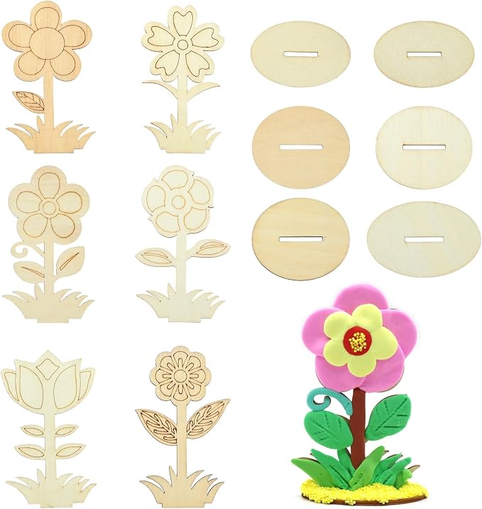 30 pcs 6 Styles Spring Flower Theme Unfinished Wooden Cutout Charms Cute Floral by Gythara