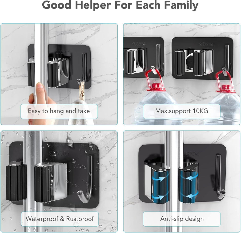 Mop Broom Holder No Drill, Mop Broom Organizer Wall Mounted Heavy Duty with Hooks Hanger, Self Adhesive Stainless Steel 4Pcs for Bathroom, Kitchen, Office (Multicolor)