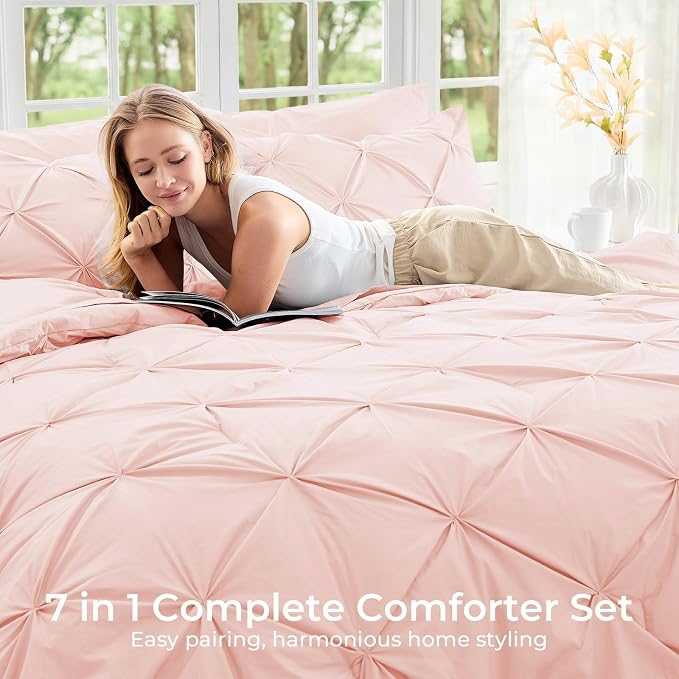 Sasttie King Size Comforter Set, 7-Piece Bed in a Bag, Pintuck Bedding Set - Image 6