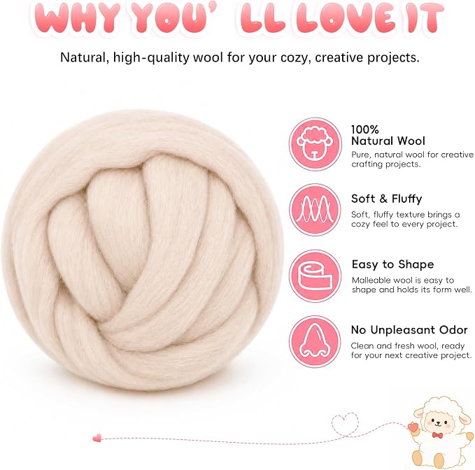 3.53oz Wool Roving: Needle Felting Wool White Roving Wool Felting Supplies Pure - Image 2