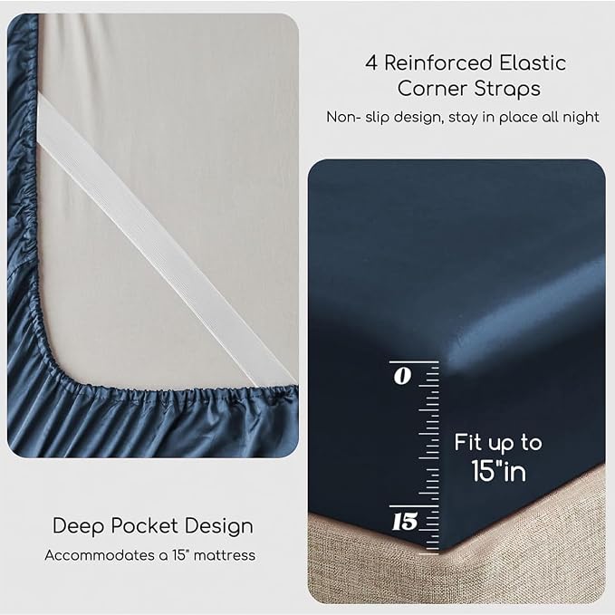 MR&HM Satin Bed Sheets with Elastic Corner Straps, King Size Sheets Set - Image 4