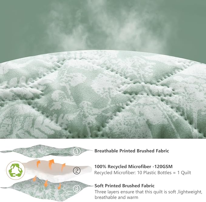 GOONE XL Queen Quilt Set 90x96 Inches, Sage Green Leaf Botanical Boho Bedspread - Image 6