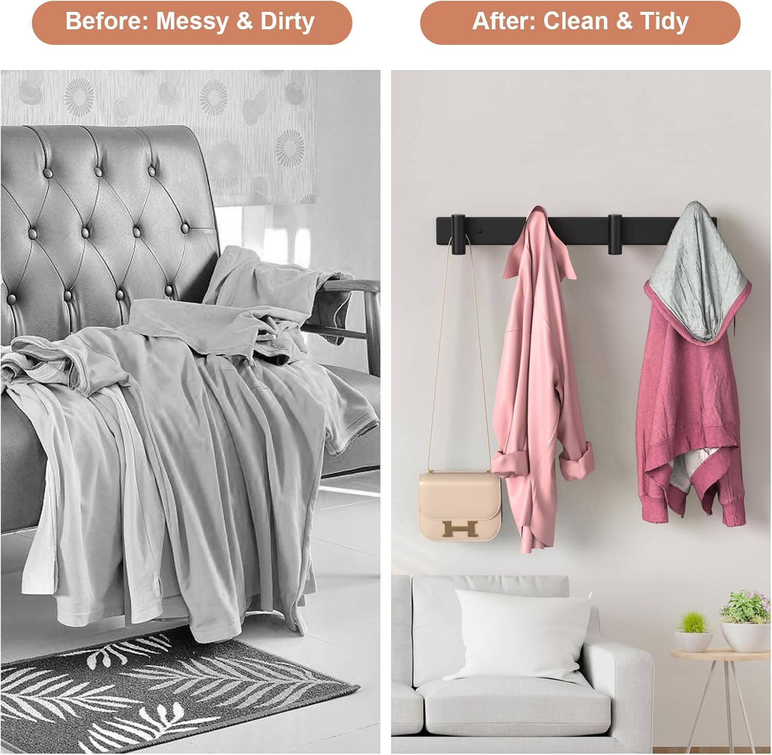 PMMASTO Coat Rack Wall Mounted, 4 "T Shaped Wall Hooks for Hanging, Heavy Duty Stainless Steel Coat Hook Rail for Hat Towel Robes in Bathroom Kitchen Mudroom Entryway (Black, 2PC)