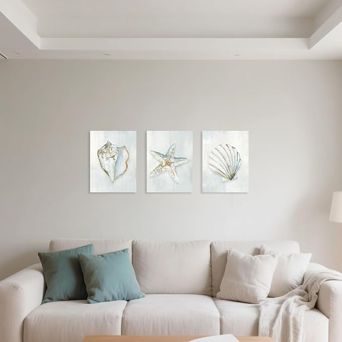 Seashell Bathroom Decor Blue Conch Scallop Starfish Canvas Wall Art Modern - Image 5