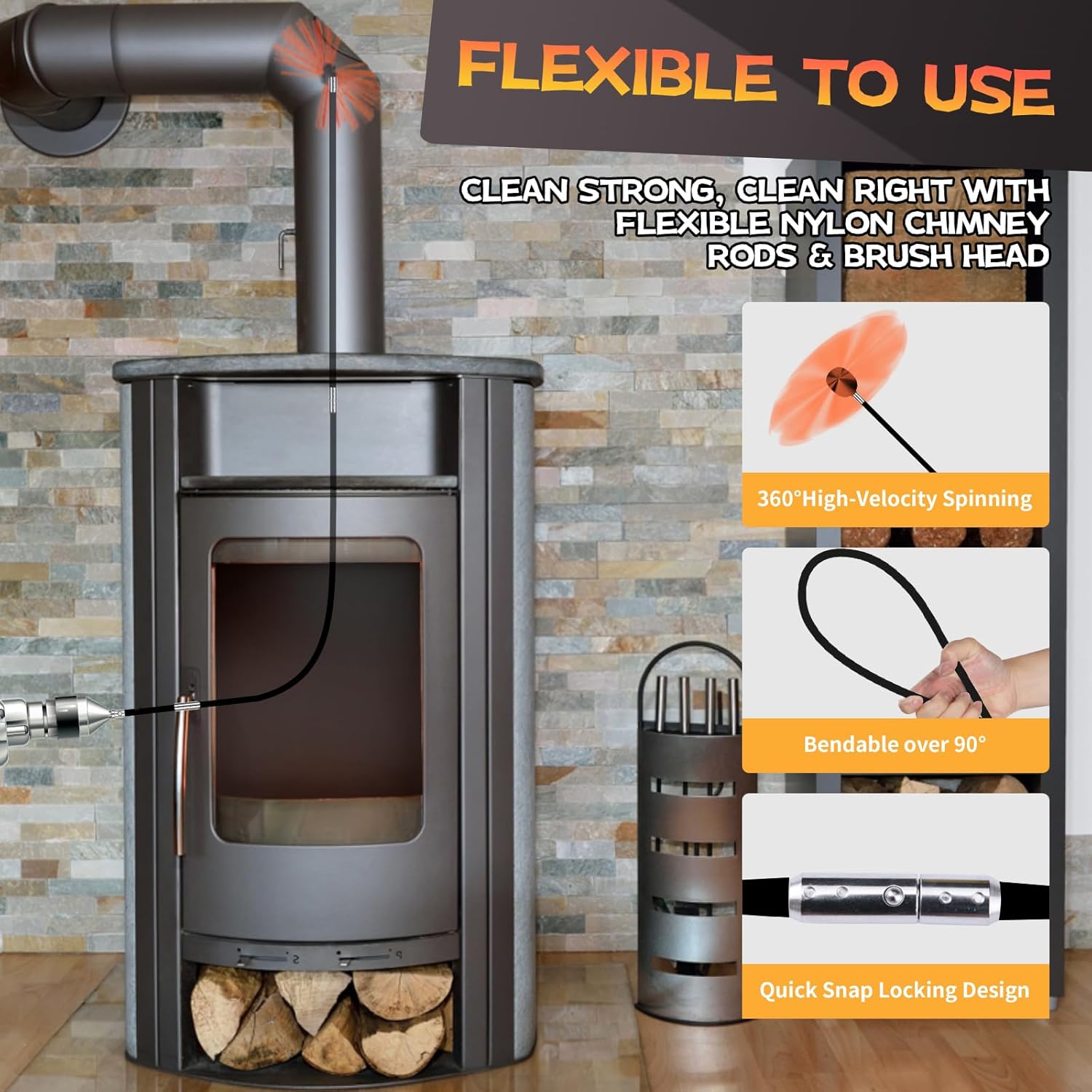 30 Feet Chimney Sweep Kit, Chimney Cleaning Kit with 9 Flexible Black Chimney Rods, Chimney Brush for Sweeping Fireplace, Rotary Chimney Cleaning System Driven by Drill