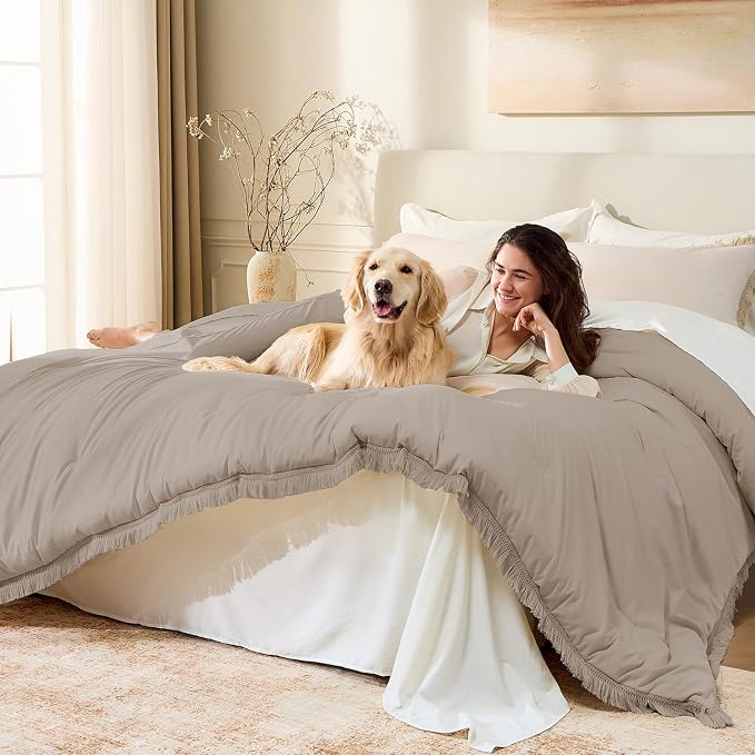 Andency Queen Comforter Set Khaki, 3 Pieces Boho Fall Tassel Lightweight - Image 4
