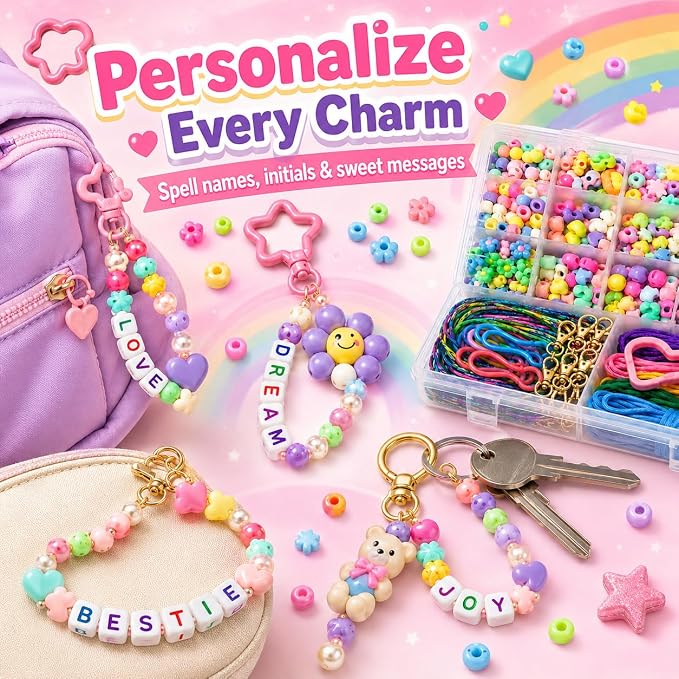 828Pcs DIY Beaded Keychain Making Kit, Bag Charm Making Kit | A-Z Alphabet Beads - Image 4