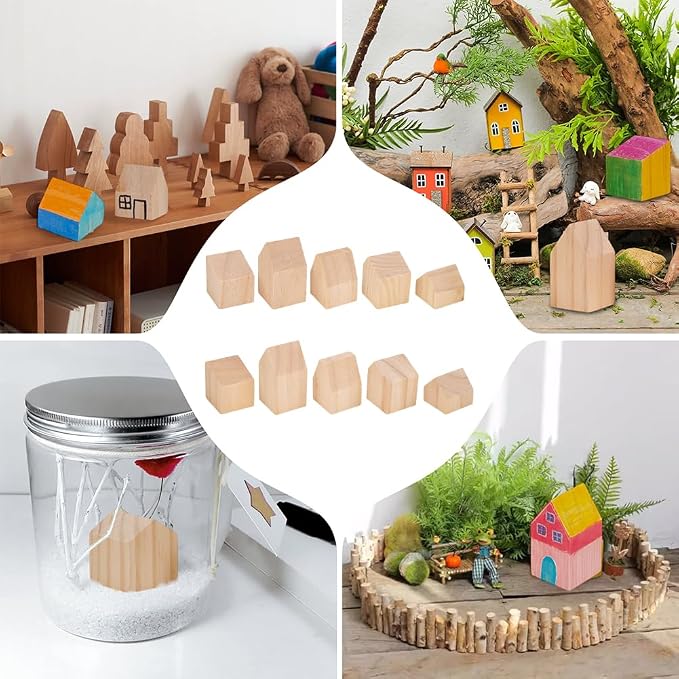 NBEADS 10 Pcs Unfinished Wooden House Shaped Blocks, Large Wood Blocks - Image 6