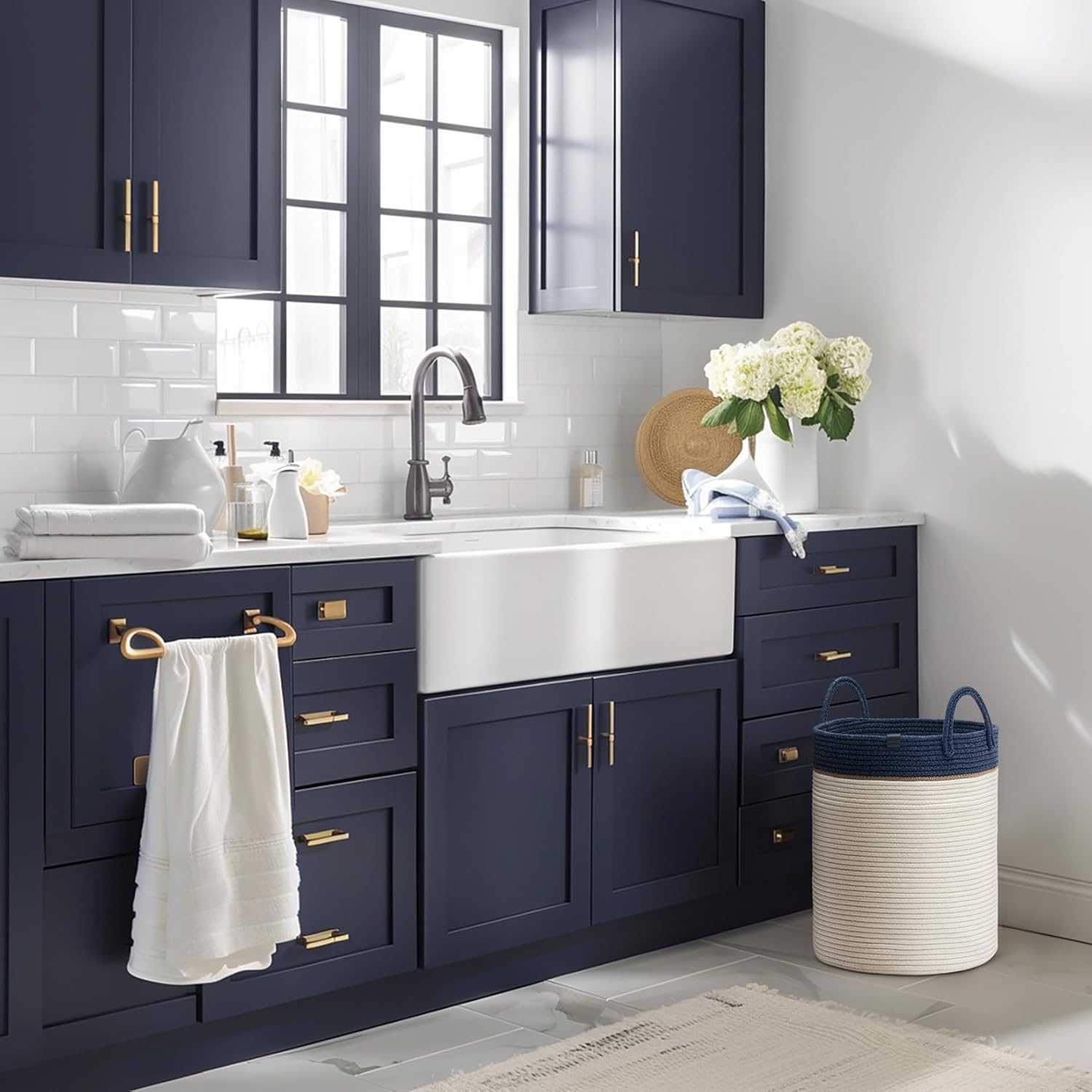 LA JOLIE MUSE Woven Basket Rope Storage Baskets - Large Cotton Organizer, Basket for Baby Blanket, Kids Toy Nursery Laundry Basket Navy Blue M