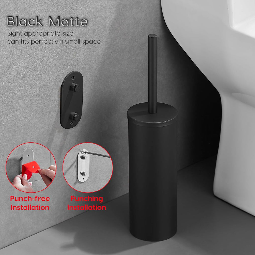 Toilet Bowl Brush and Holder, 304 Stainless Steel No-Punch Hook Base Dual Purpose Toilet Brush Holder with Removable Inner Bucket and Splash Cover - Soft Bristles (Black)