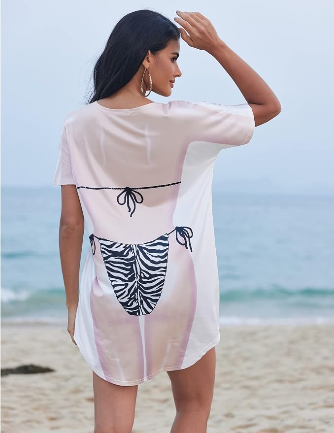 Ekouaer Women's Bikini Shirt Cover Up Short Sleeve Cute Bikini Print Cover-Up - Image 4