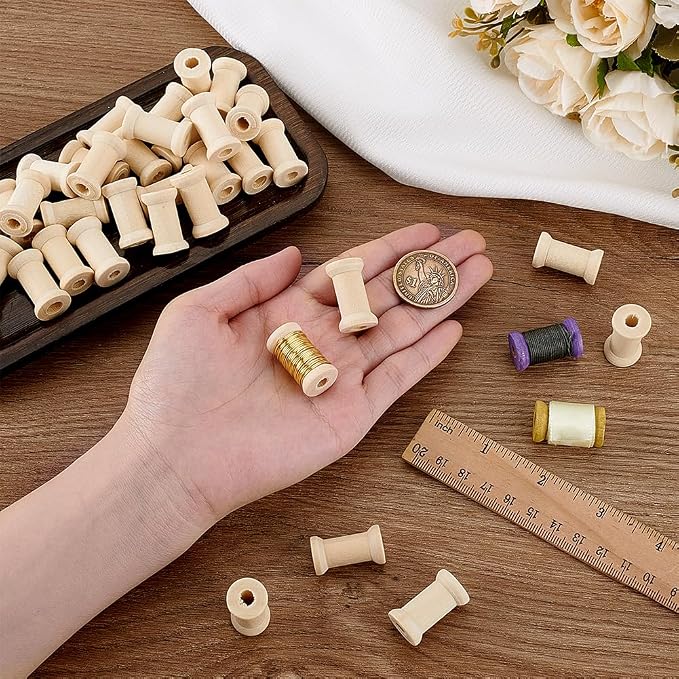 PH PandaHall 100pcs Natural Wood Spool, Unfinished Wooden Empty Thread Spool - Image 3