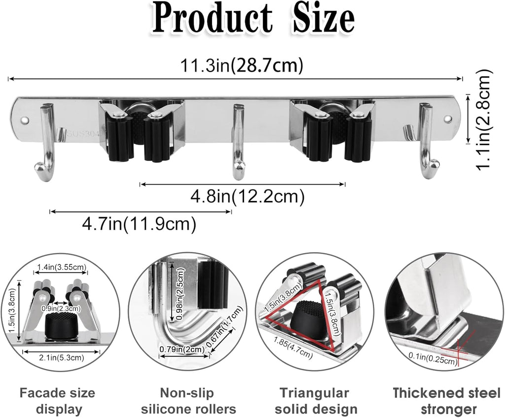 2 Racks and 3 Hooks Broom and Mop Holder Wall Mounted Garage Organizer Storage Tool Racks Stainless Steel Heavy Duty Hooks Self Adhesive Solid Non-slip Wall Hangers for Home Kitchen Garden Laundry
