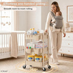 3 Tier Beige Rolling Storage Cart Metal on Wheels, Cream Three Tiered Diaper - Image 2