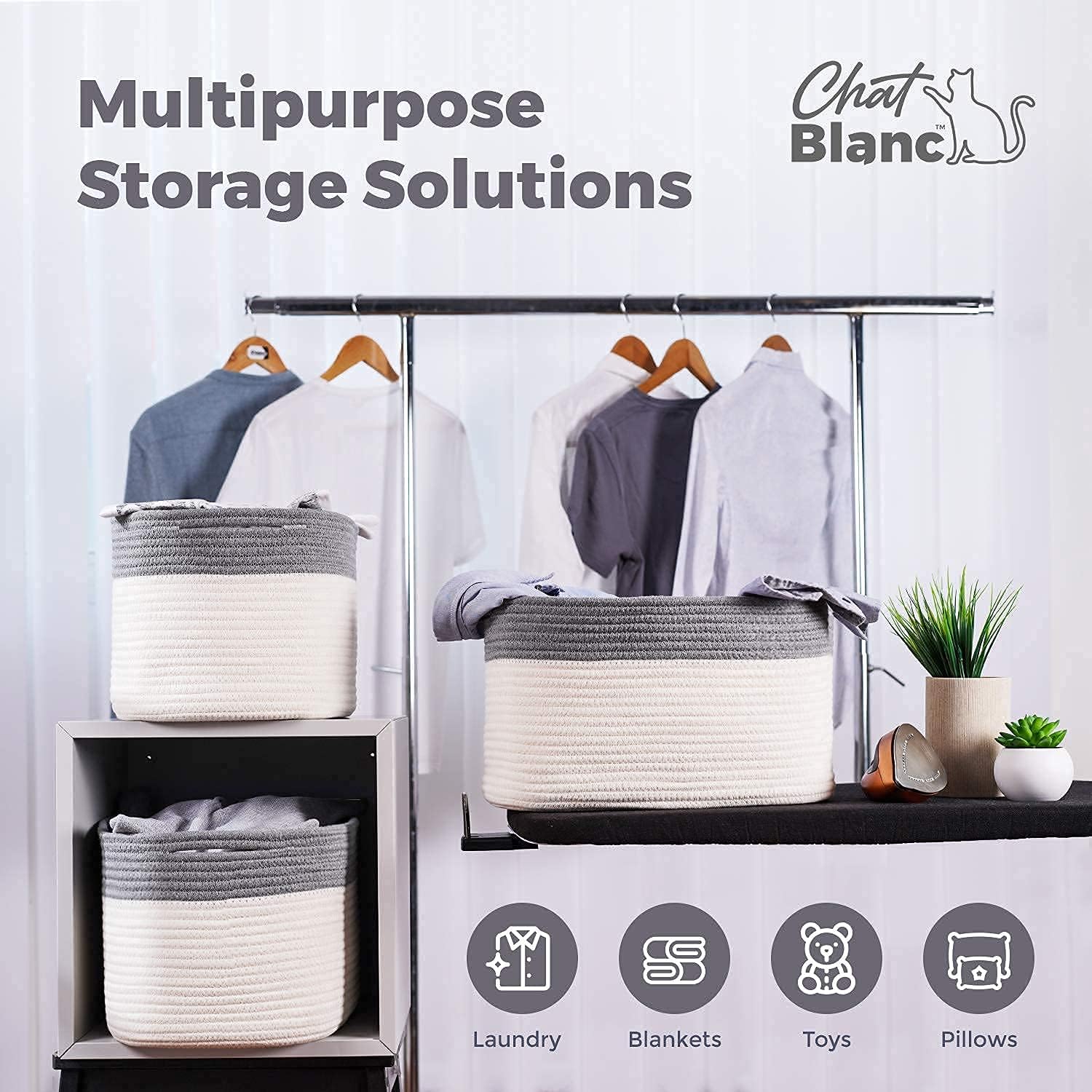 CHAT BLANC Cotton Rope Baskets for Organizing | Storage Baskets for Shelves | Rope Basket for Storage, Small Laundry Baskets, Woven Baskets for Storage, Dog Toy Bin, Baby Basket,Dark Gray&White 3 Pack