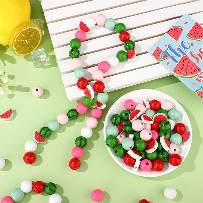 Qunclay 200 Pcs Summer Watermelon Wooden Beads Multi Colored Wooden Beads Bulk - Image 5