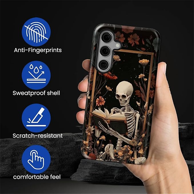 Case for Samsung Galaxy S25 FE, Skeleton Reader Goth Floral Design Hybrid Dual - Image 3