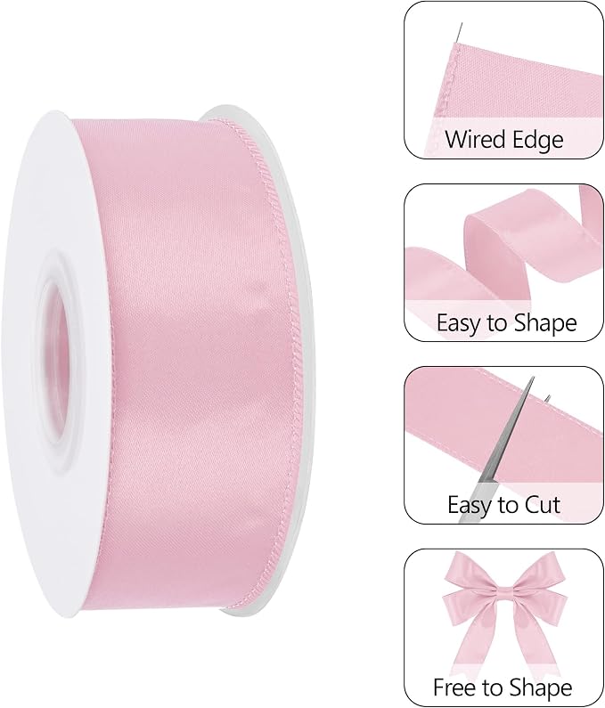 Lt Pink 1.5 Inch 25 Yards Satin Wired Ribbon Easter Ribbons - Image 3
