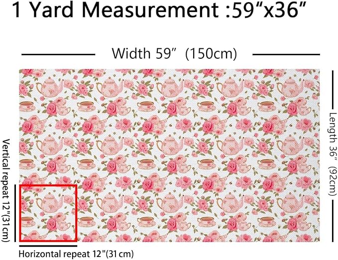Feelyou Floral Fabric by The Yard, Romantic Rose Tea Cups Upholstery Fabric - Image 2