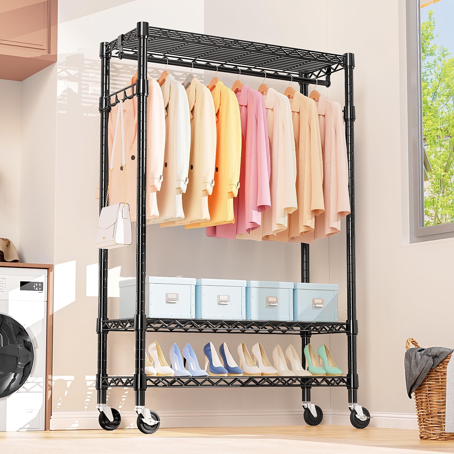 Heavy Duty Rolling Garment Rack 3 Tiers Adjustable Wire Shelving Clothes Rack with Rods and Side Hooks,Storage Closet Clothing Rack with Wheels Black 17.7" D x 47.2" W x 83.6" H